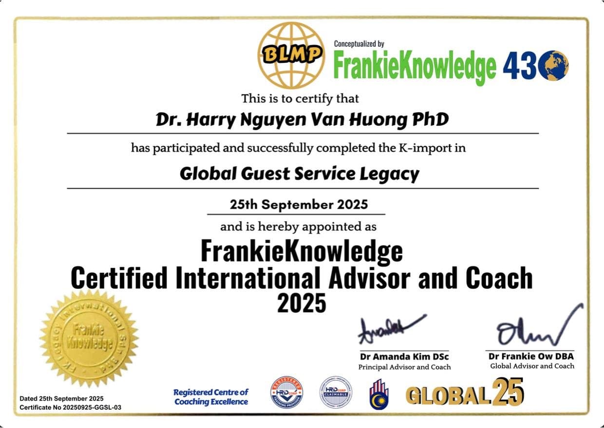 Chứng nhận FrankieKnowledge Certified International Advisor and Coach 2025 dành cho Dr. Harry Nguyễn Văn Hường.