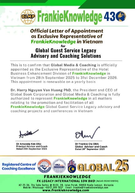 Thư bổ nhiệm chính thức của FrankieKnowledge Global dành cho Global Media & Coaching, 2024.